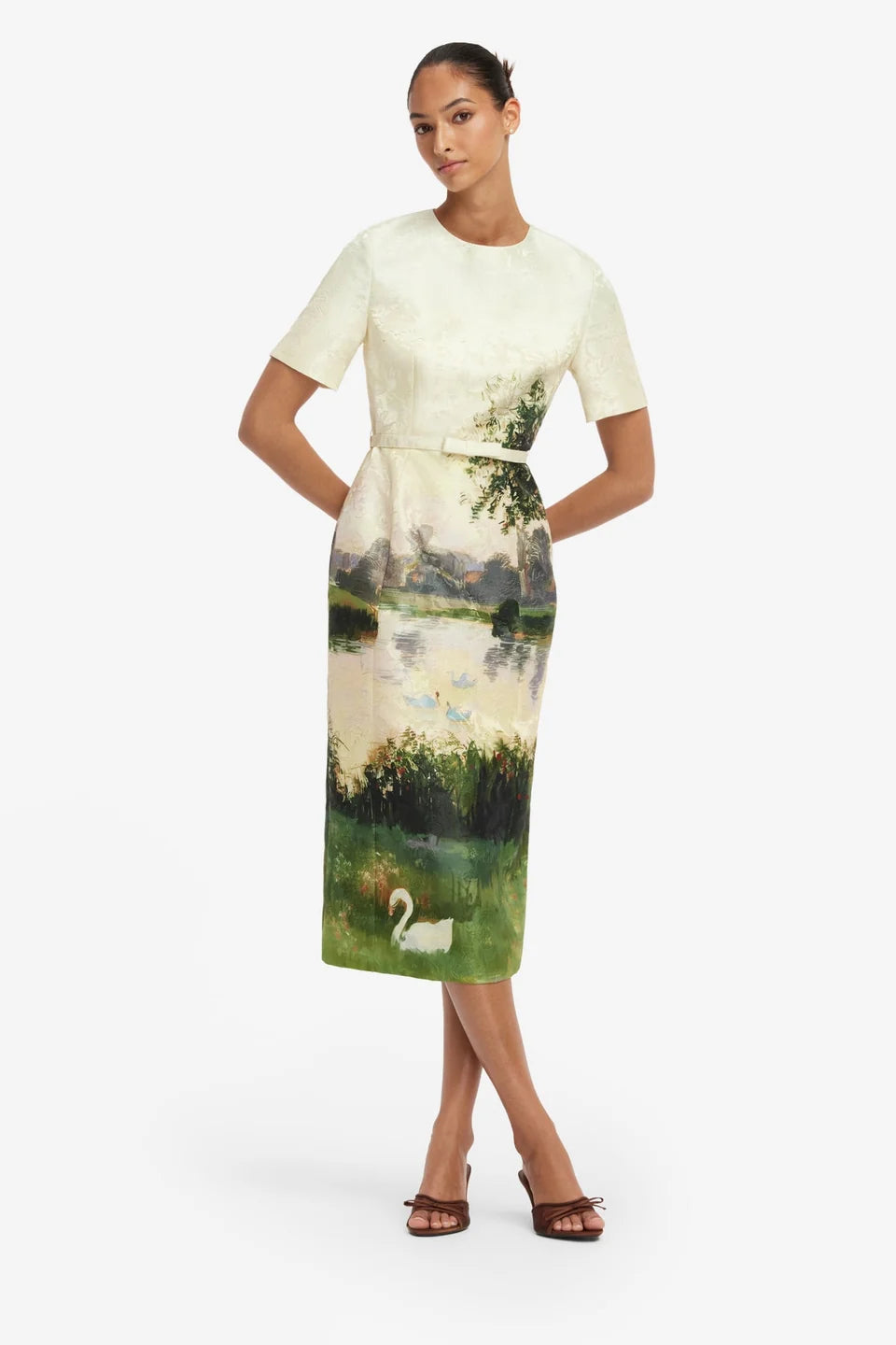 Leo Lin Elizabeth Jacquard Short Sleeve Midi Dress