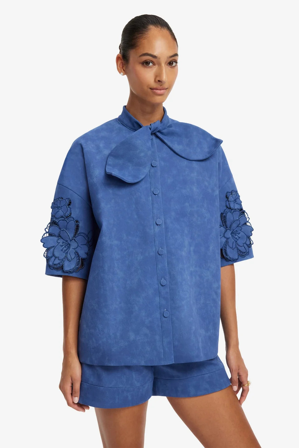 Leo Lin Brooklyn Appliqué Vegan Suede Bow Puff Sleeve Top