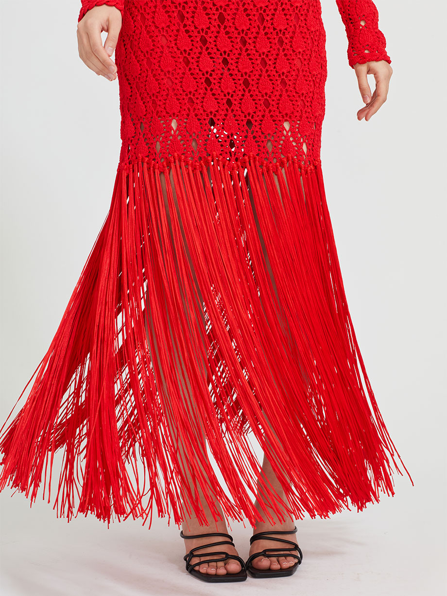 Aknvas Willow crochet cutout fringe maxi dress