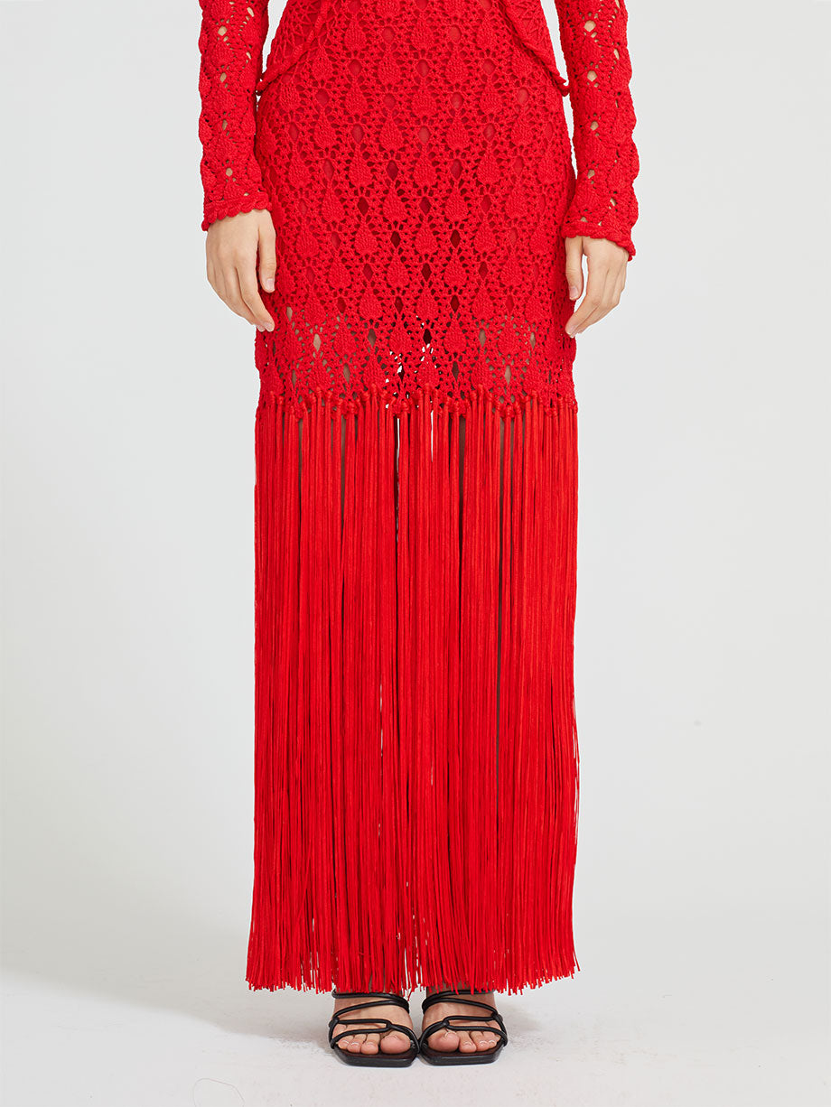 Aknvas Willow crochet cutout fringe maxi dress