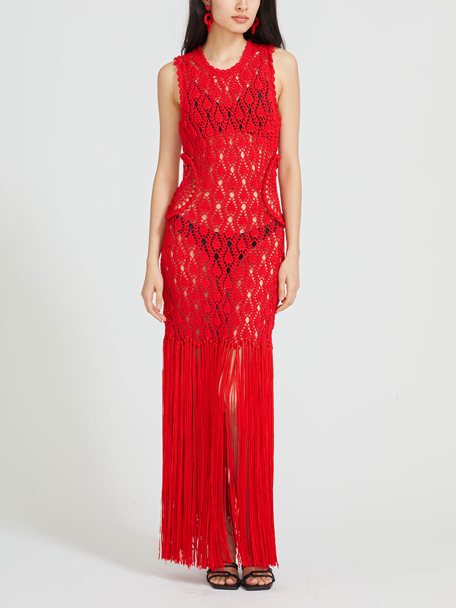 Aknvas Willow crochet cutout fringe maxi dress