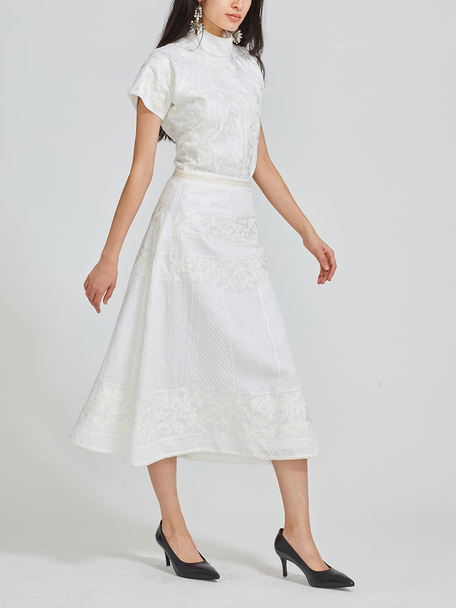 FALGUNI SHANE PEACOCK Lea embroidered linen midi skirt