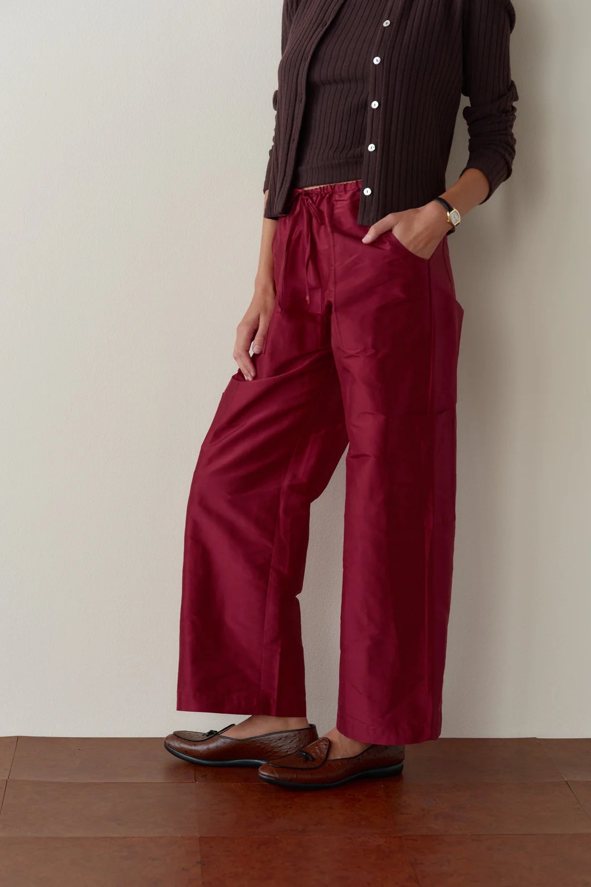 Donni Silk Taffeta Cargo Pant - Oxblood