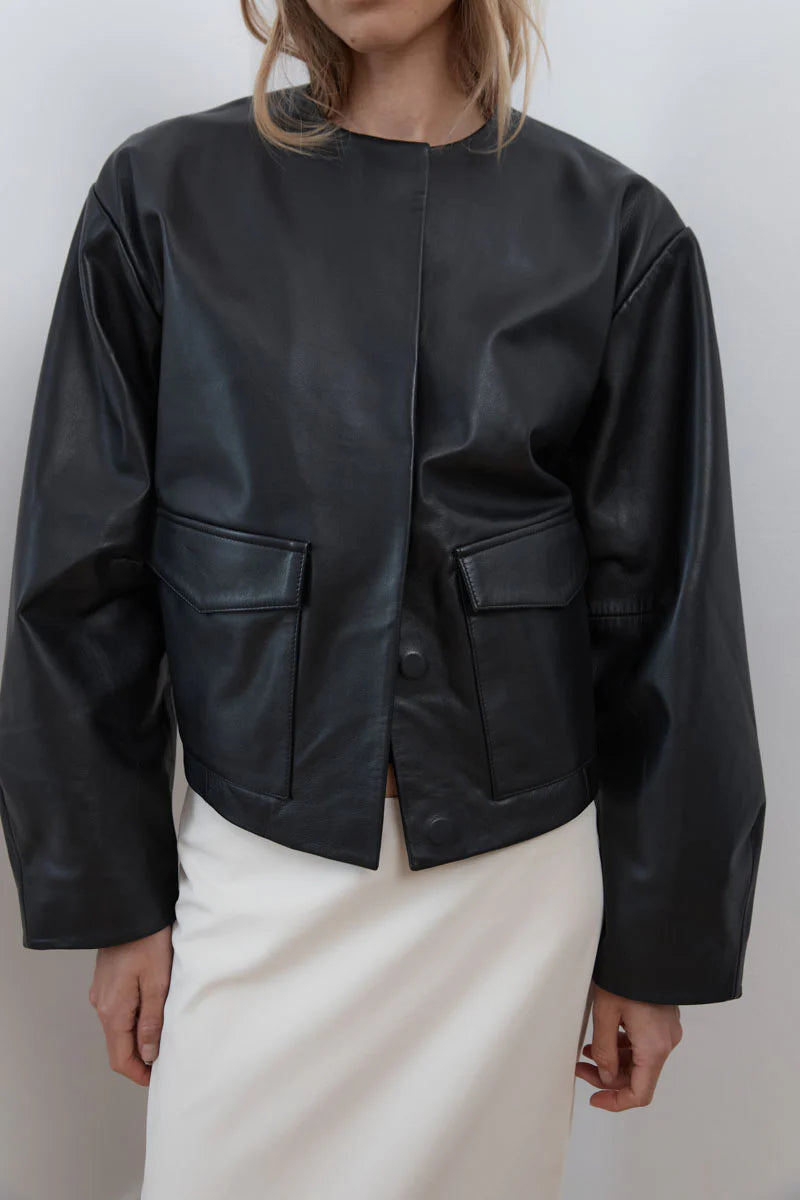 St. Agni Utility Cocoon Leather Bomber - Black