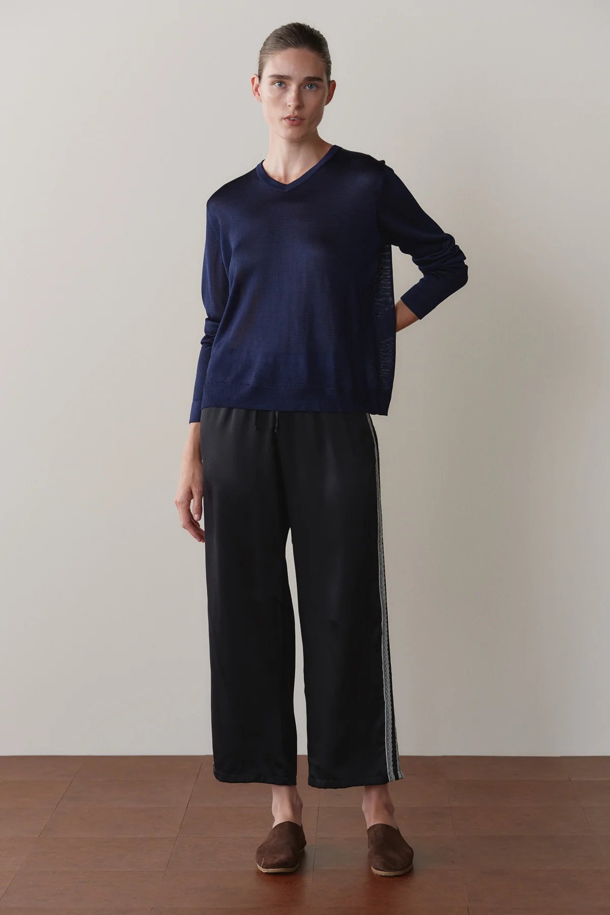 Donni Silk Lace Stripe Crop Pant - Black