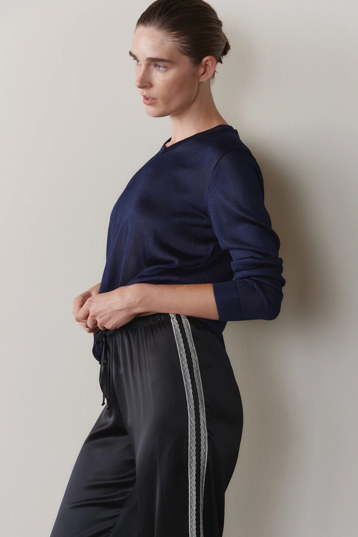 Donni Silk Lace Stripe Crop Pant - Black