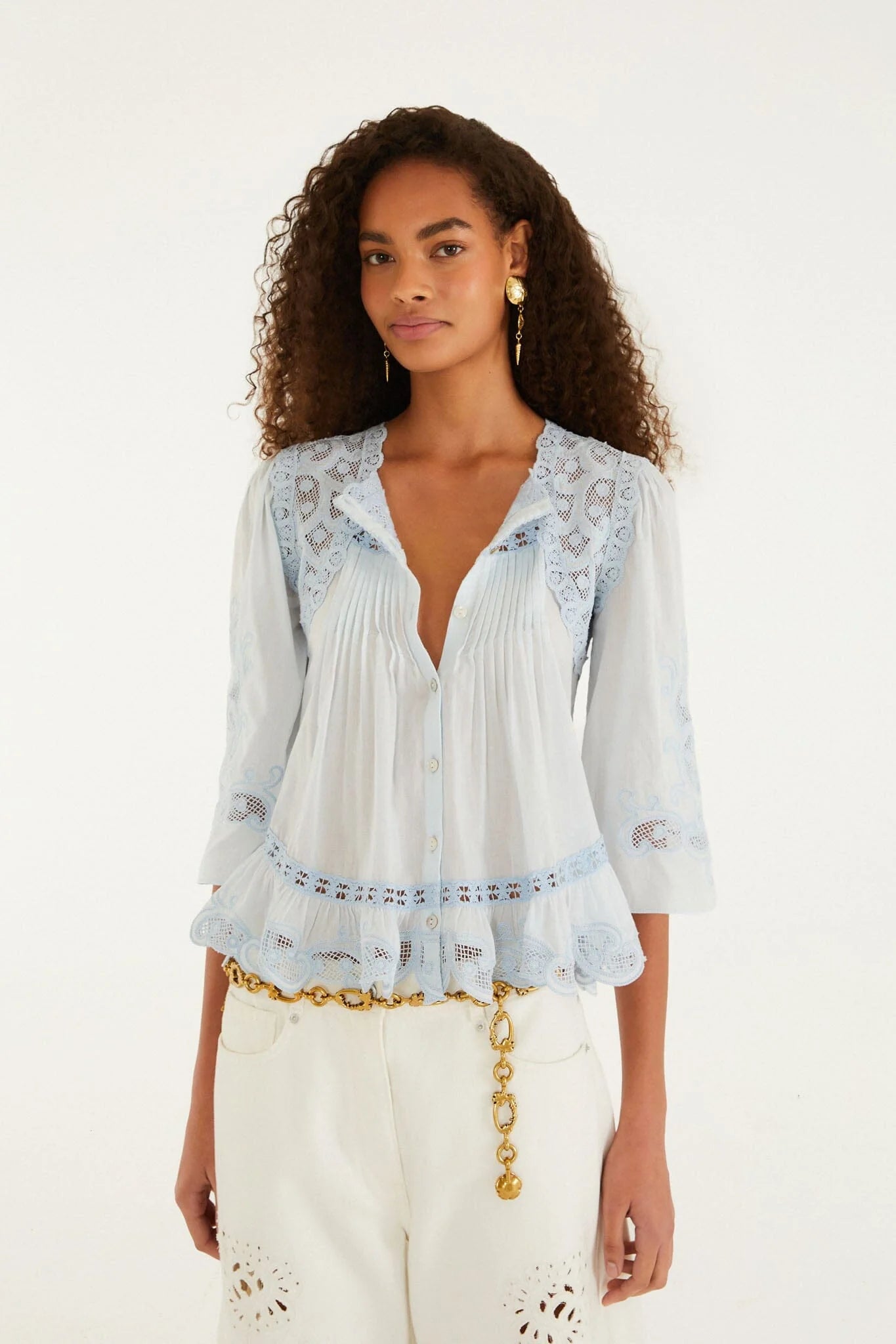 Farm Rio Light Blue Richelieu Short Sleeve Blouse