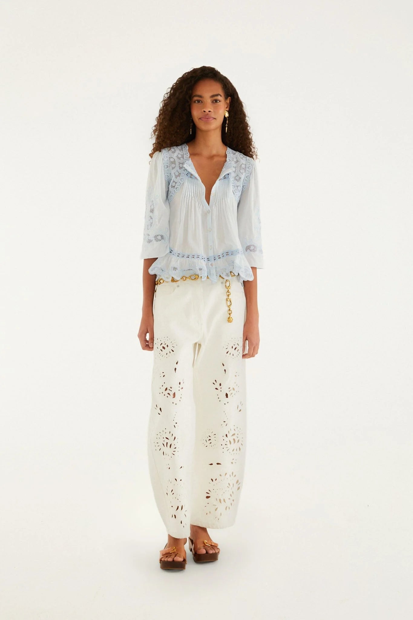 Farm Rio Light Blue Richelieu Short Sleeve Blouse