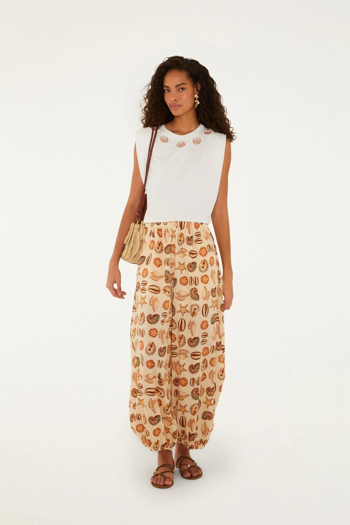Farm Rio Off-White Seashell Embroidery Padded Shoulders T-Shirt