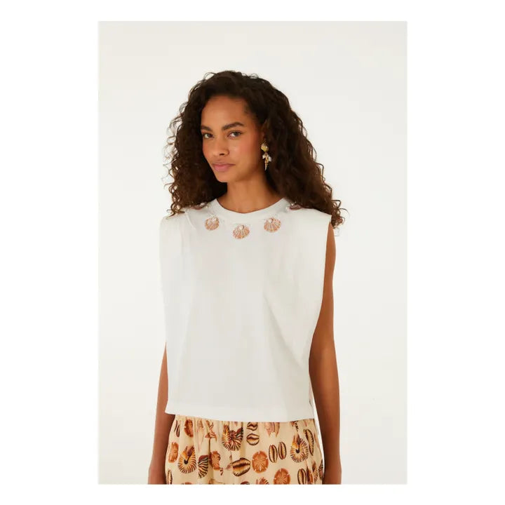 Farm Rio Off-White Seashell Embroidery Padded Shoulders T-Shirt